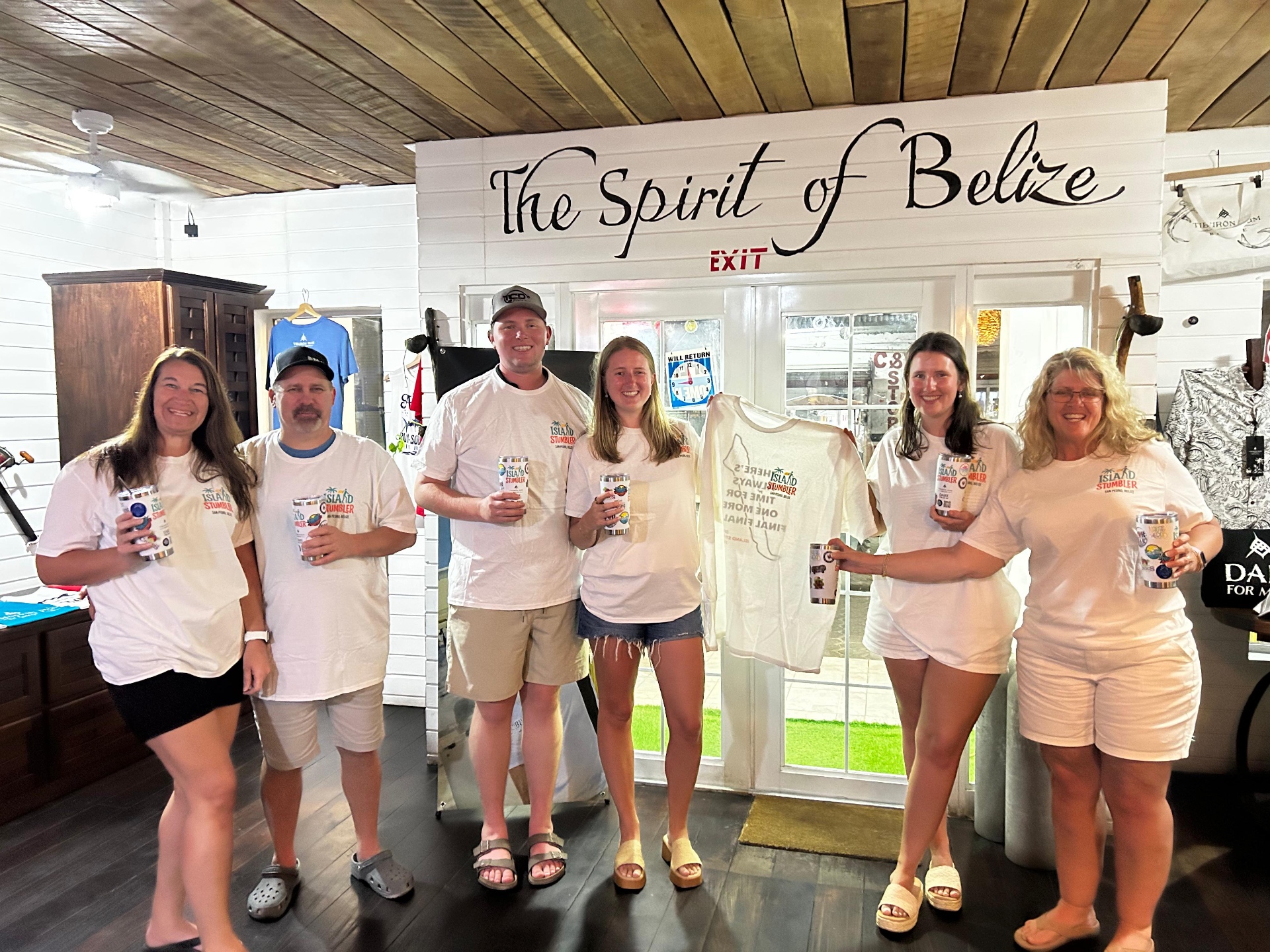 Happy Island Stumbler participants showing off their exclusive t-shirts at San Pedro